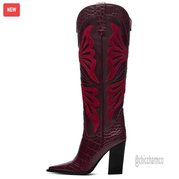 Shoes - Pointed Toe Knee High Cowboy Boots with Chunky Heel and Butterfly Embroidery